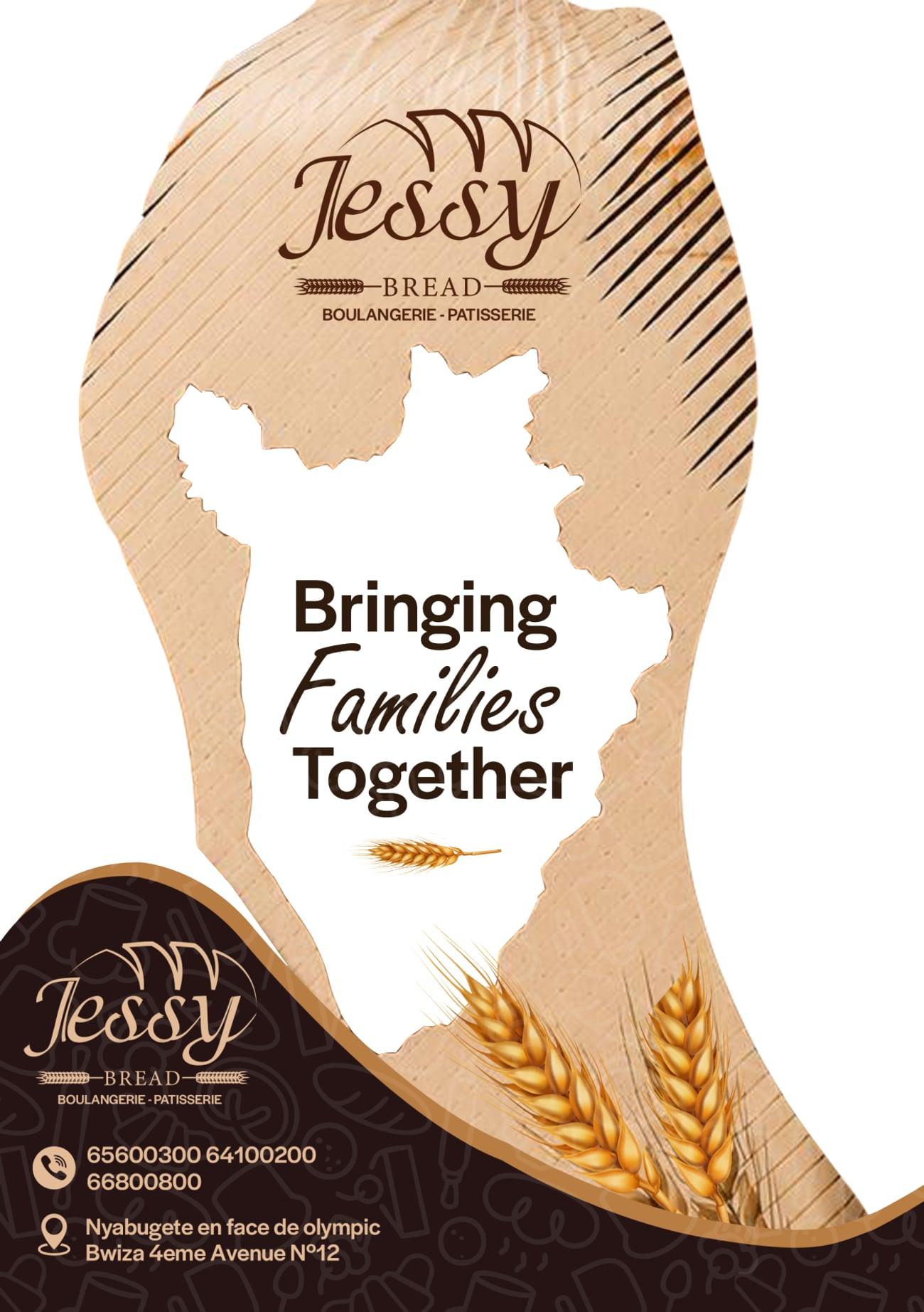 The Jessy Bread packaging bag — logo, a Burundi map cut-out and the line “Bringing Families Together”